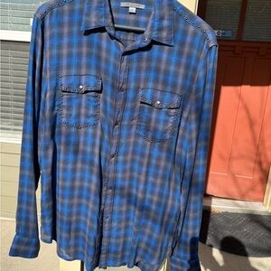 John Varvatos Blue Plaid Studded Snap Button Shirt Men’s M